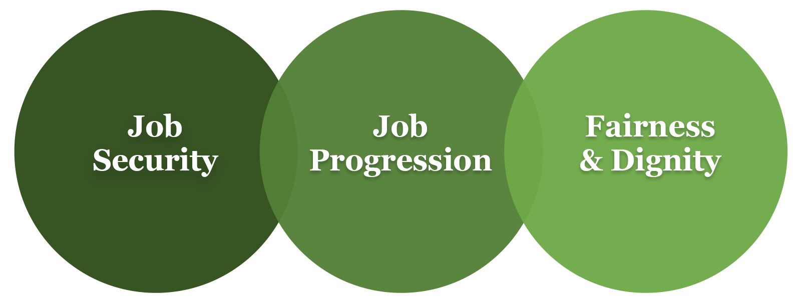 Overlapping circles showcasing the ASA's three themes: job security, job progression, and fairness and dignity